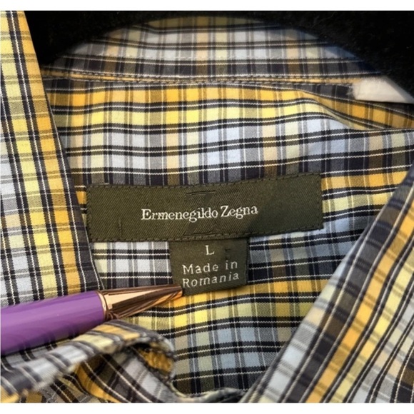 Ermenegildo Zegna Dress Shirt Size Large Blue Yellow Check Long Sleeve Luxury - Picture 4 of 5